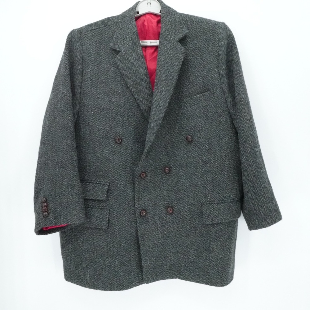 Harris Tweed SPorts‎ Coat Mens 56L Gray Harringbone Double Breatsed Hand Crafted